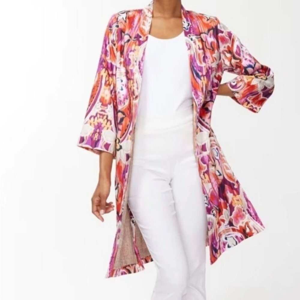 Chico's Size 1 Anniversary Paisley Duster Kimono Pink White Elegant Open Front M